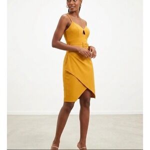 Mustard Yellow Belted Cutout Envelope Hem Dress Wedding Guest Cocktail Party